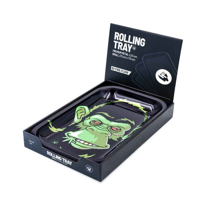 FireFlow Rolling Tray mit Affen-Motiv in schwarzer Display-Verpackung