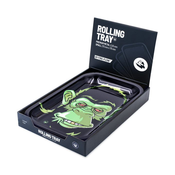 FireFlow Rolling Tray mit Affen-Motiv in schwarzer Display-Verpackung