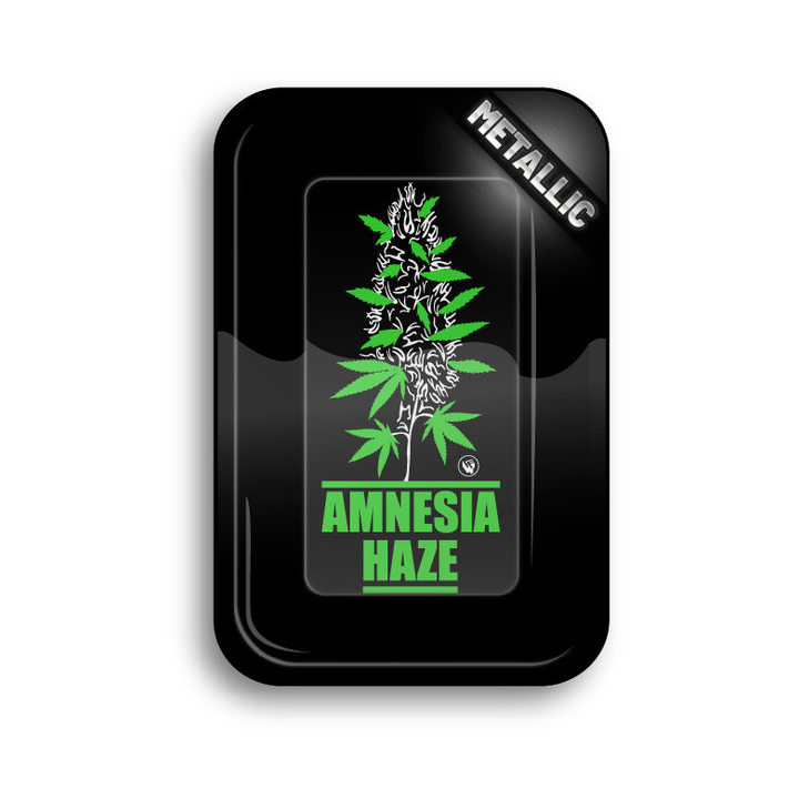 FireFlow Rolling Tray Amnesia Haze in Schwarz mit grünem Hanfpflanzen-Motiv von oben