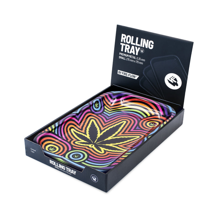FireFlow Rolling Tray Circle Leaf in geöffneter Display-Box mit Fire-Flow Logo