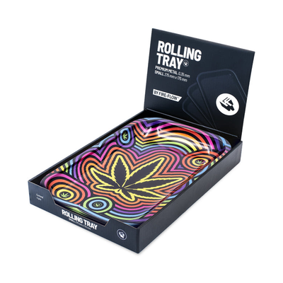 FireFlow Rolling Tray Circle Leaf in geöffneter Display-Box mit Fire-Flow Logo