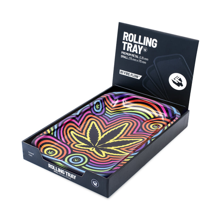 FireFlow Rolling Tray Circle Leaf in geöffneter Display-Box mit Fire-Flow Logo