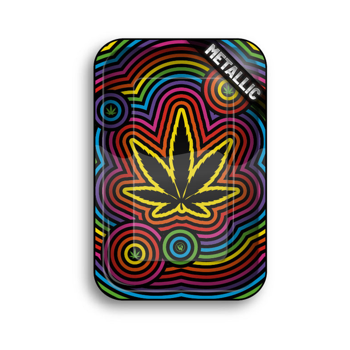 FireFlow Rolling Tray Circle Leaf mit Hanfblatt auf bunten Kreislinien in Metallic-Ausführung
