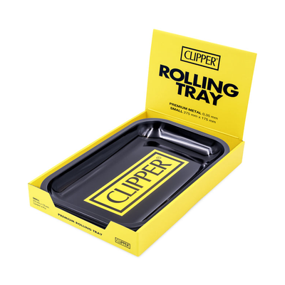 Schwarzes Clipper Rolling Tray in gelber Display Box mit Premium Metal Aufschrift