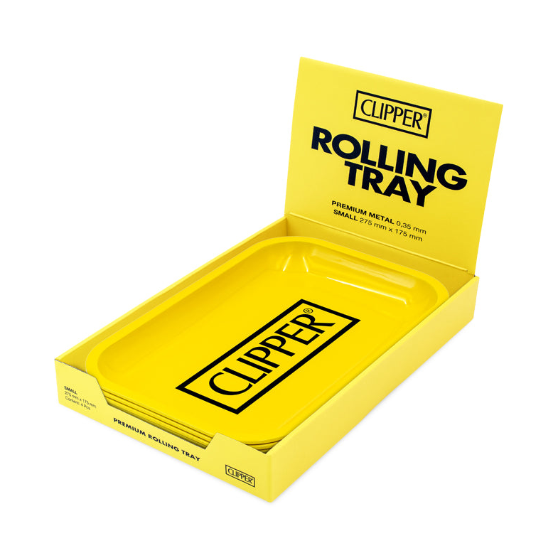 Gelbe Clipper Rolling Tray Display-Box geöffnet mit Tray und Logo Aufdruck