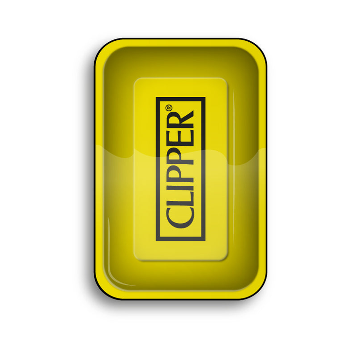 Gelbes Clipper Rolling Tray von FireFlow mit schwarzem Clipper Logo, Draufsicht