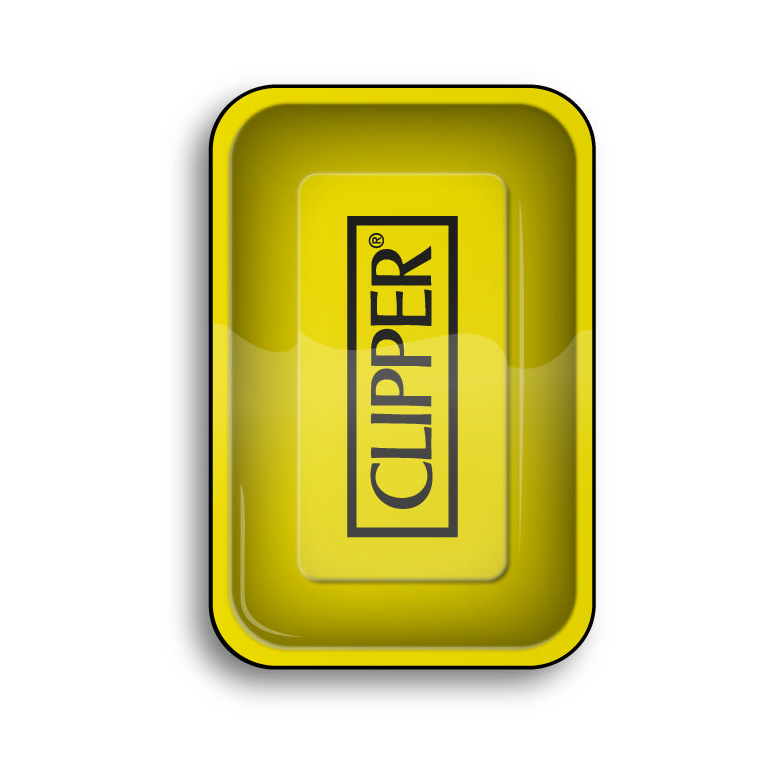 Gelbes Clipper Rolling Tray von FireFlow mit schwarzem Clipper Logo, Draufsicht