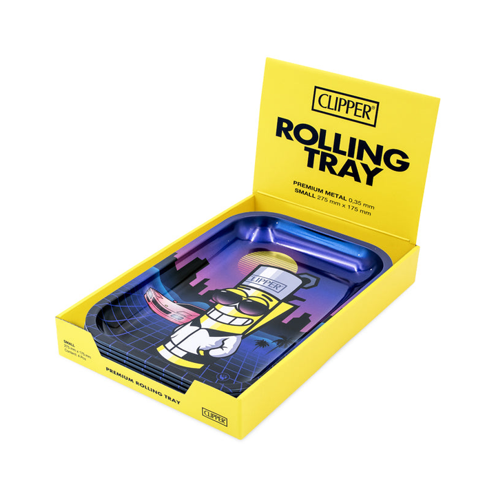Gelbes Clipper Display geöffnet mit 4 Rolling Trays Clipperman Retrowave