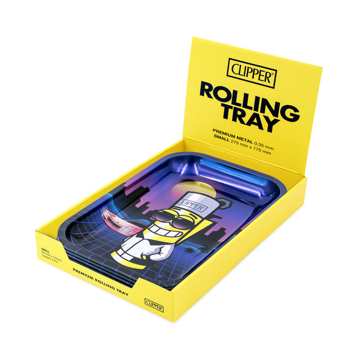 Gelbes Clipper Display geöffnet mit 4 Rolling Trays Clipperman Retrowave