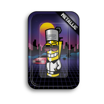 Rolling Tray mit Clipperman Figur im Retrowave Design mit Sonnenuntergang