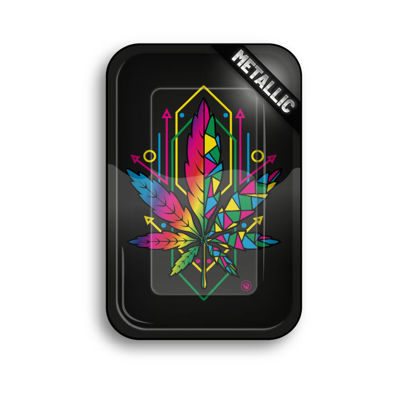 FireFlow Rolling Tray Metallic mit buntem geometrischem Hanfblatt auf Schwarz