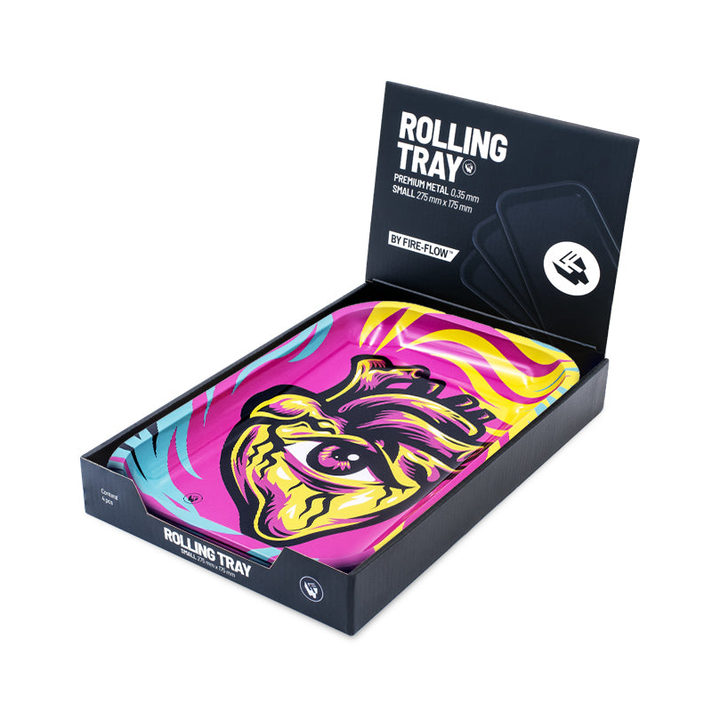 FireFlow Rolling Tray Hearts im Display-Karton, Metallschale mit Herz-Design sichtbar
