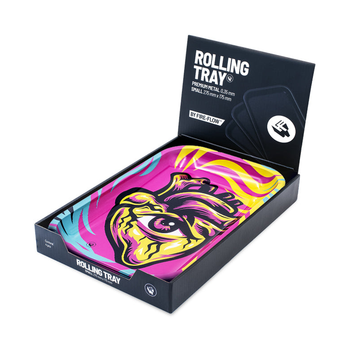 FireFlow Rolling Tray Hearts im Display-Karton, Metallschale mit Herz-Design sichtbar