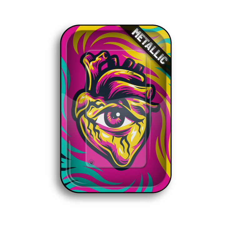 FireFlow Rolling Tray Hearts mit buntem Herz-Motiv und Auge in Pink, Gelb und Türkis