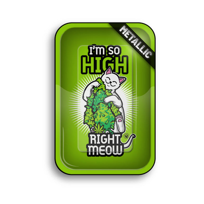FireFlow Rolling Tray High Right Meow grün mit Comic-Katze und Cannabis-Bud Motiv