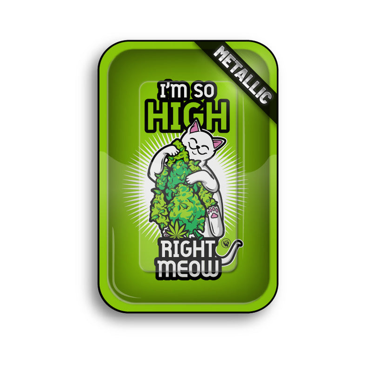 FireFlow Rolling Tray High Right Meow grün mit Comic-Katze und Cannabis-Bud Motiv