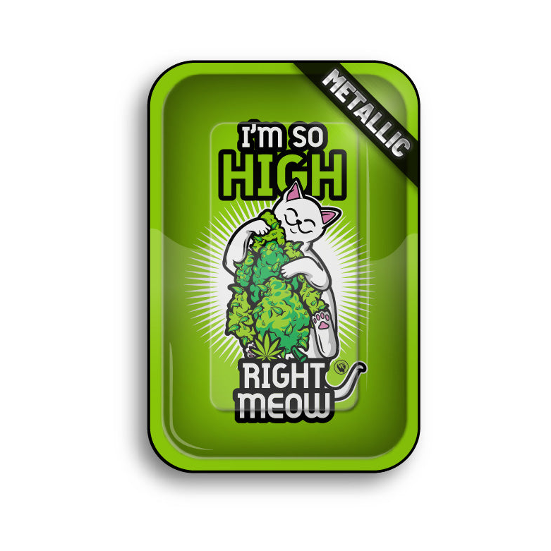 FireFlow Rolling Tray High Right Meow grün mit Comic-Katze und Cannabis-Bud Motiv
