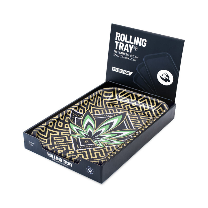 FireFlow Rolling Tray Leaves 34 im schwarzen Display Karton mit Blick auf das Goldmuster