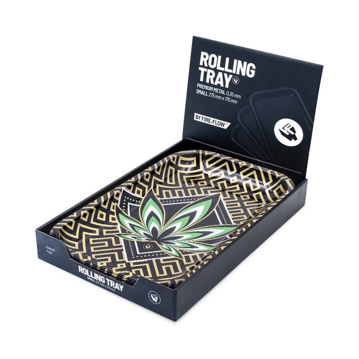 FireFlow Rolling Tray Leaves 34 im schwarzen Display Karton mit Blick auf das Goldmuster