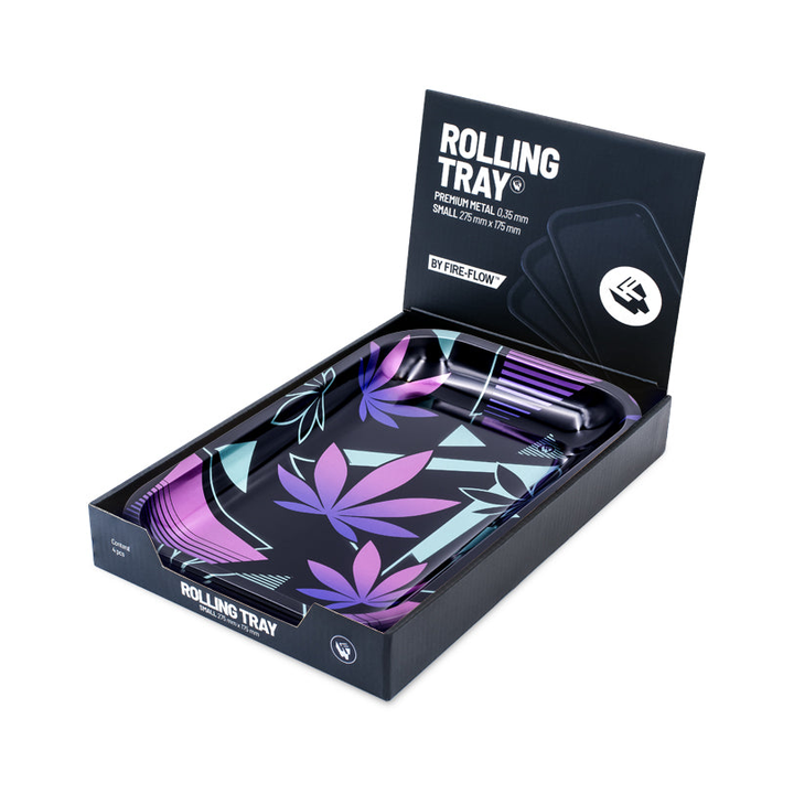 FireFlow Rolling Tray Leaves 37 Metallschale im dunklen Display-Karton mit Deckel