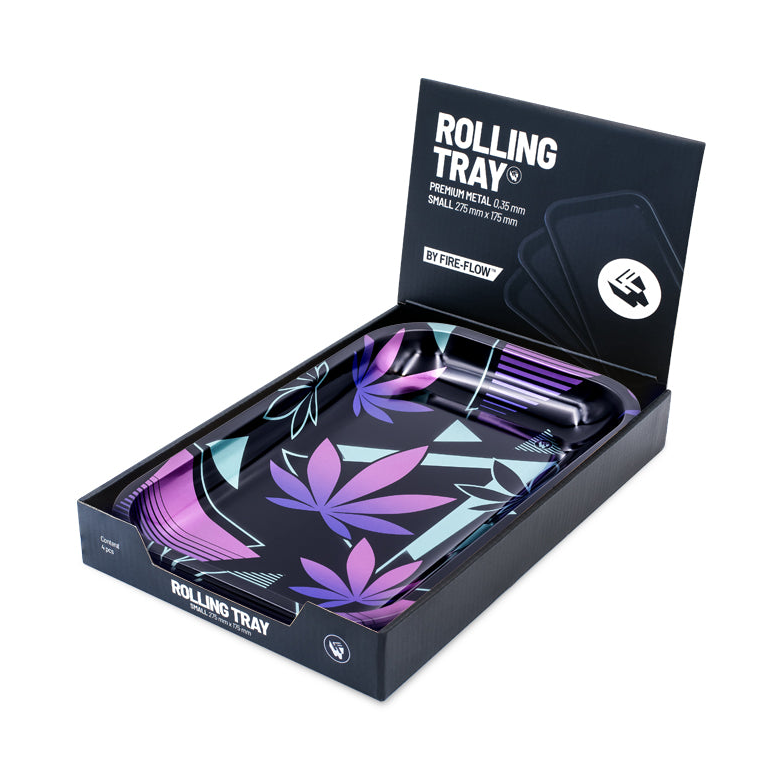 FireFlow Rolling Tray Leaves 37 Metallschale im dunklen Display-Karton mit Deckel
