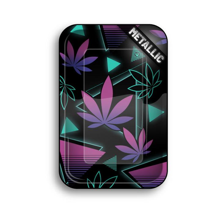 FireFlow Rolling Tray Leaves 37 schwarz mit türkis-violetten Hanfblättern und Dreiecken