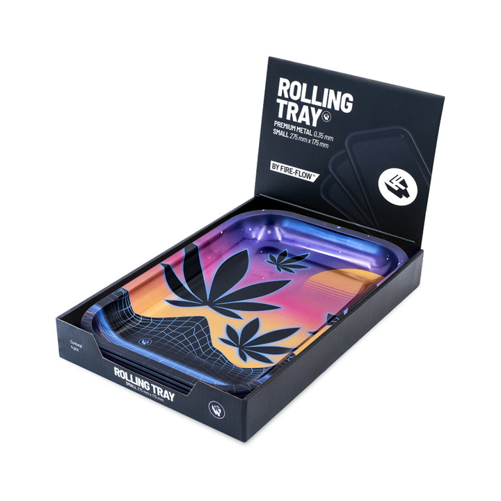 FireFlow Rolling Tray Leaves in schwarzer Verpackung mit Sonnenuntergang Motiv