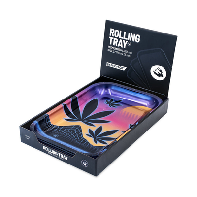 FireFlow Rolling Tray Leaves in schwarzer Verpackung mit Sonnenuntergang Motiv