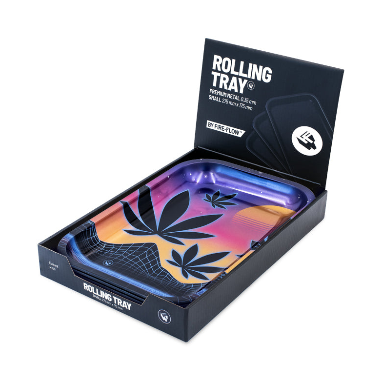 FireFlow Rolling Tray Leaves in schwarzer Verpackung mit Sonnenuntergang Motiv
