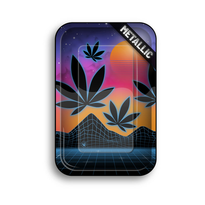 FireFlow Metallic Rolling Tray mit Hanfblättern vor Sonnenuntergang im Retro-Stil