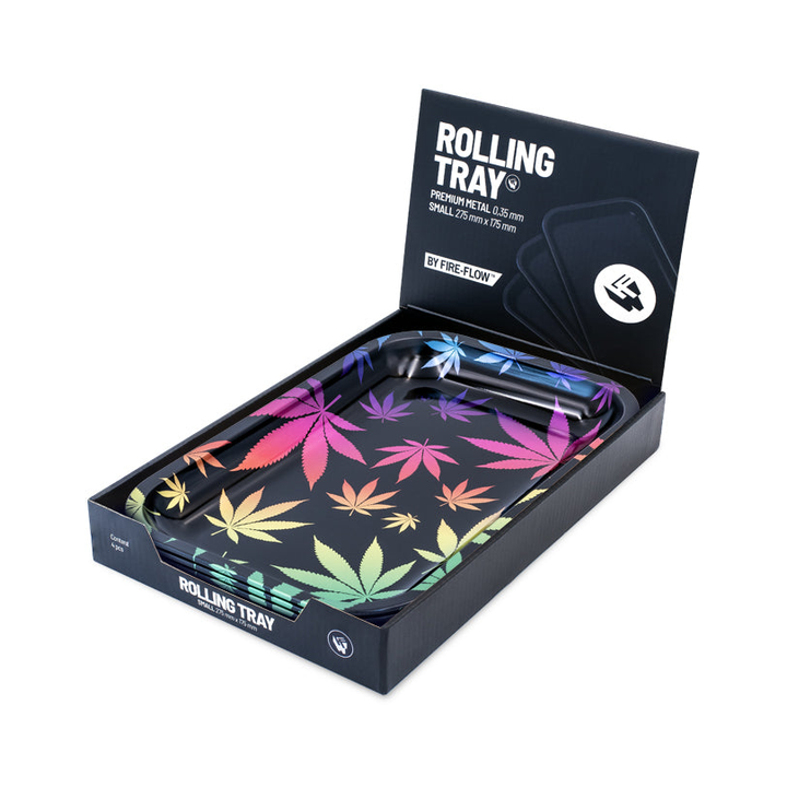 Display mit 4 FireFlow Rolling Trays Leaves Gradient 27.5 x 17.5 cm geöffnet