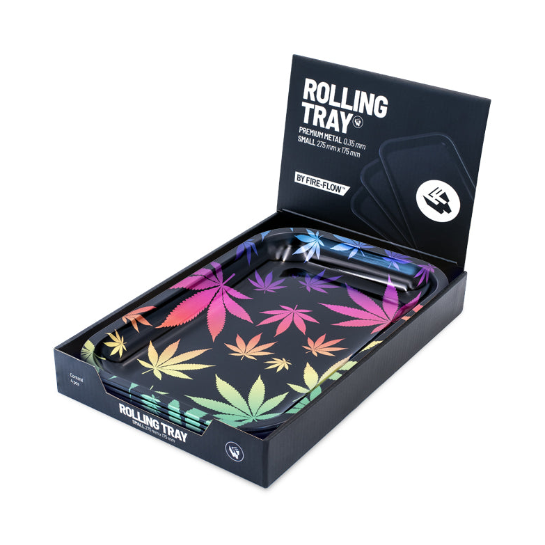 Display mit 4 FireFlow Rolling Trays Leaves Gradient 27.5 x 17.5 cm geöffnet