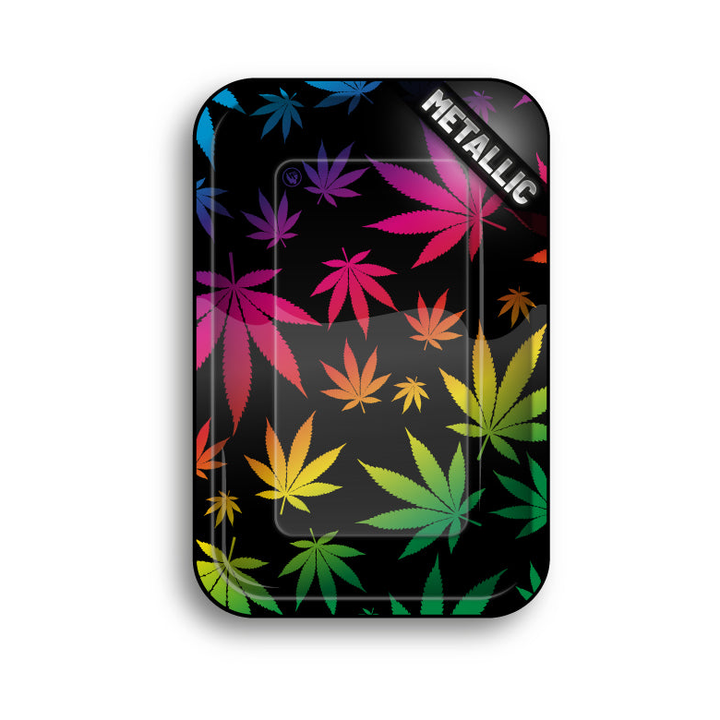 FireFlow Rolling Tray mit regenbogenfarbenen Hanfblättern auf Schwarz, Draufsicht