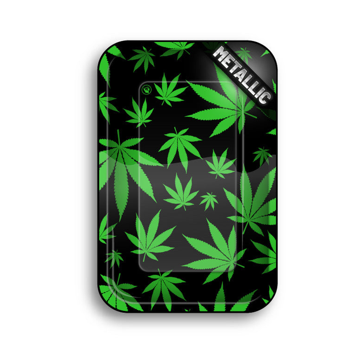 FireFlow Rolling Tray Metallic mit grünen Hanfblättern auf schwarzem Grund