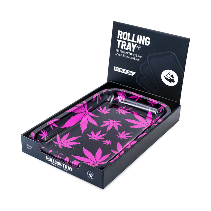 FireFlow Rolling Tray mit pinkem Hanfblatt-Muster in Display-Verpackung