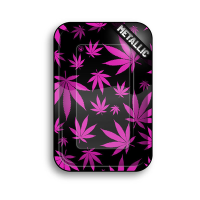 FireFlow Rolling Tray Metallic mit pinken Hanfblättern auf schwarzem Grund