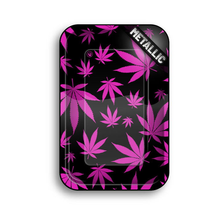 FireFlow Rolling Tray Metallic mit pinken Hanfblättern auf schwarzem Grund