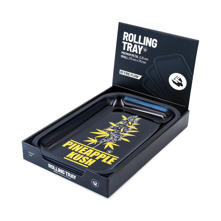 FireFlow Rolling Tray Pineapple Kush schräg liegend im aufgeklappten Display-Karton