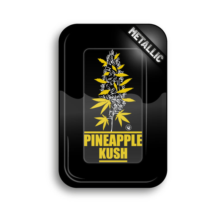 FireFlow Rolling Tray Pineapple Kush in Schwarz mit gelbem Hanfpflanzen-Motiv von oben