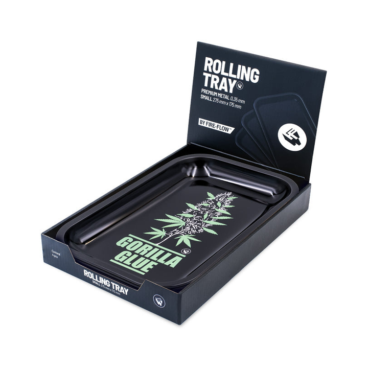 FireFlow Rolling Tray Plantz Gorilla Glue in geöffneter Display-Verpackung schräg von vorne