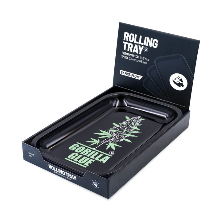 FireFlow Rolling Tray Plantz Gorilla Glue in geöffneter Display-Verpackung schräg von vorne
