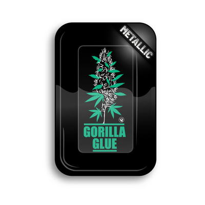 FireFlow Rolling Tray Plantz Gorilla Glue schwarz mit Hanfpflanzen-Illustration in Metallic-Optik