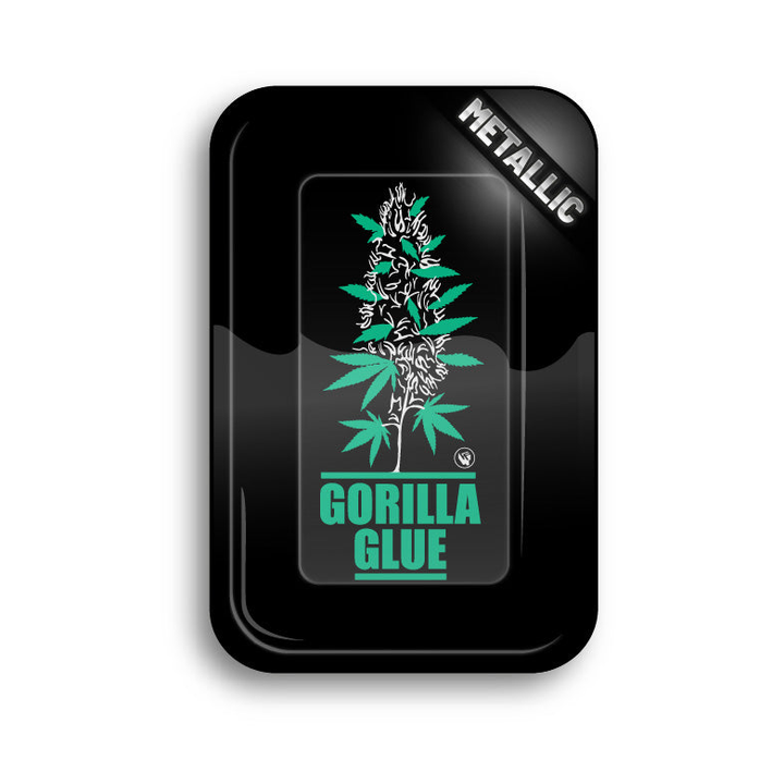 FireFlow Rolling Tray Plantz Gorilla Glue schwarz mit Hanfpflanzen-Illustration in Metallic-Optik
