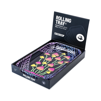 FireFlow Rolling Tray Shrooms mit Pilzmotiv verpackt im schwarzen Display Karton