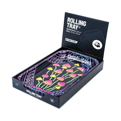 FireFlow Rolling Tray Shrooms mit Pilzmotiv verpackt im schwarzen Display Karton