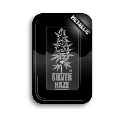 FireFlow Rolling Tray Silver Haze in Schwarz mit Hanfpflanzen-Motiv, Ansicht von oben