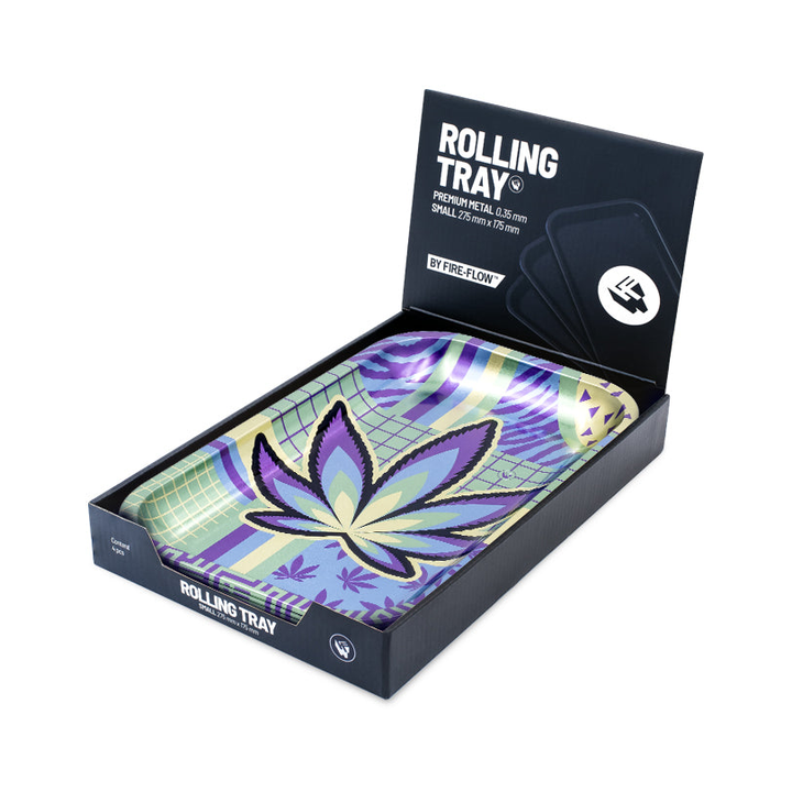 FireFlow Rolling Tray Small Leaves 36 im geöffneten Display-Karton by Fire-Flow