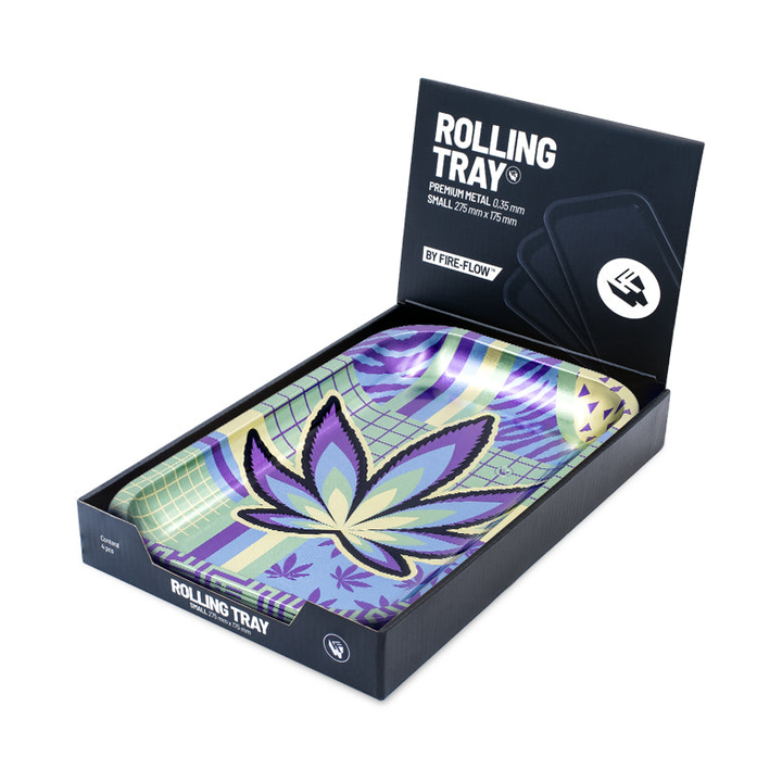 FireFlow Rolling Tray Small Leaves 36 im geöffneten Display-Karton by Fire-Flow