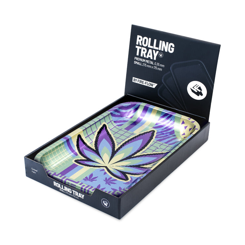 FireFlow Rolling Tray Small Leaves 36 im geöffneten Display-Karton by Fire-Flow
