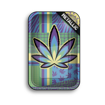 FireFlow Rolling Tray Small Leaves 36 mit grossem Hanfblatt auf buntem Karomuster